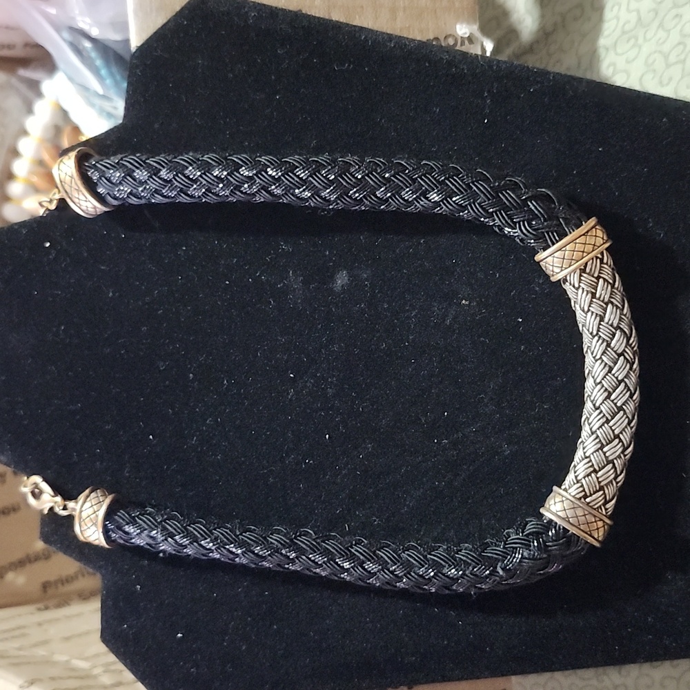 Chico's Braided Black Rope Necklace with Gold-Tone Accents